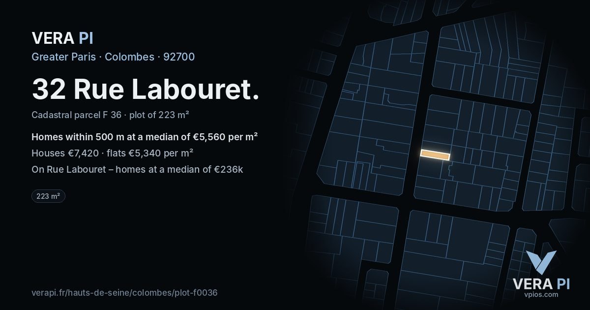 32 Rue Labouret, Colombes at night – the plot lit, the parcels around coloured by the prices near them