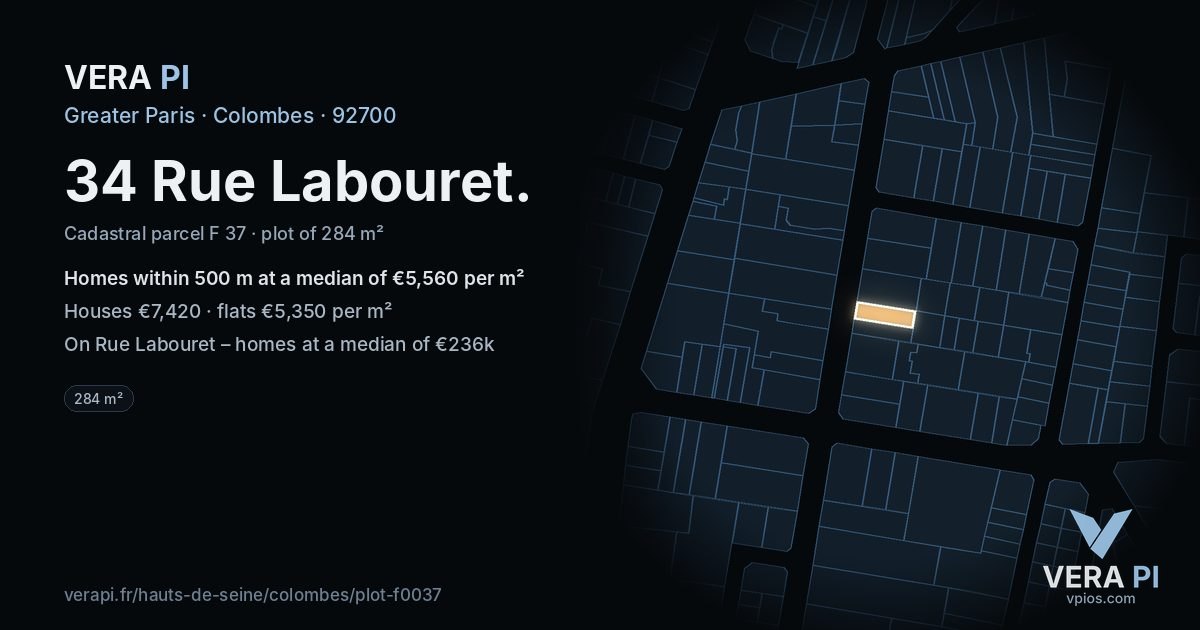 34 Rue Labouret, Colombes at night – the plot lit, the parcels around coloured by the prices near them