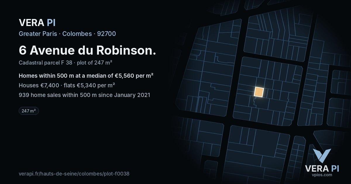 6 Avenue du Robinson, Colombes at night – the plot lit, the parcels around coloured by the prices near them
