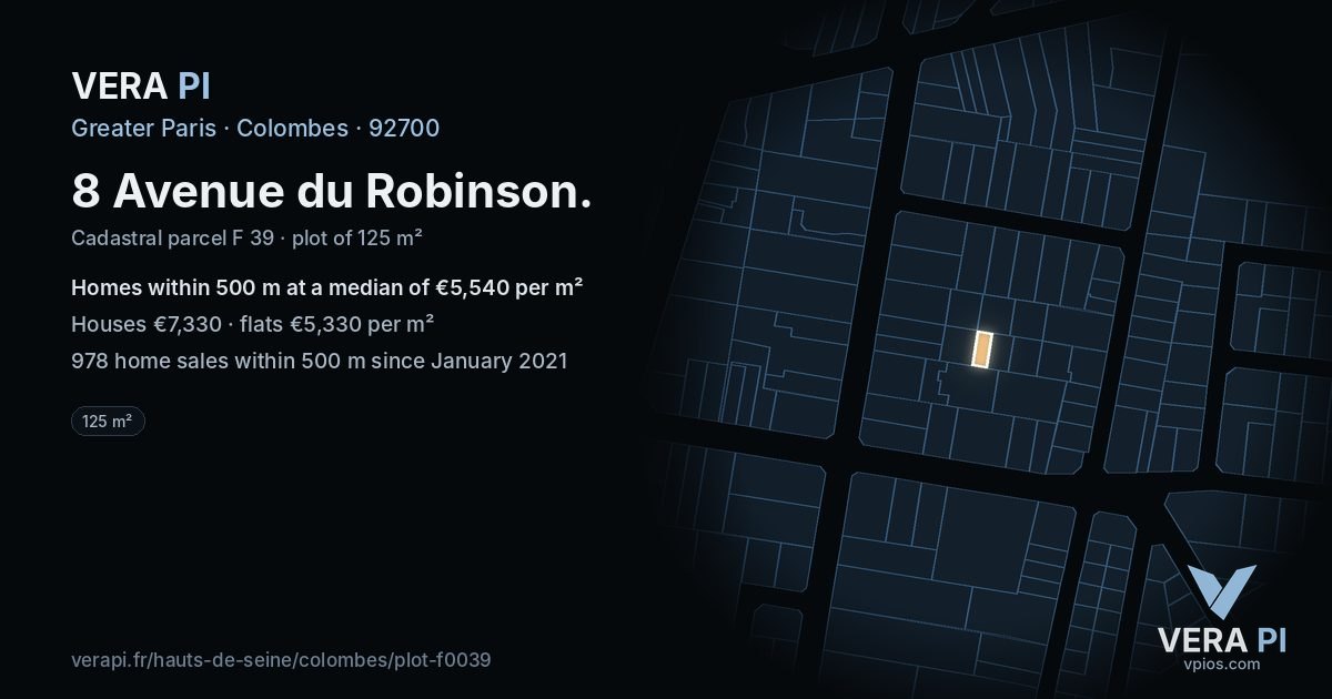 8 Avenue du Robinson, Colombes at night – the plot lit, the parcels around coloured by the prices near them