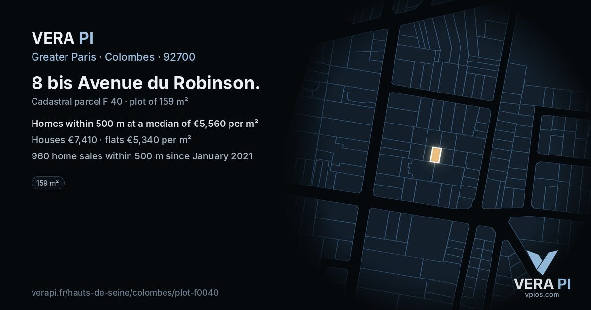 8 bis Avenue du Robinson, Colombes at night – the plot lit, the parcels around coloured by the prices near them