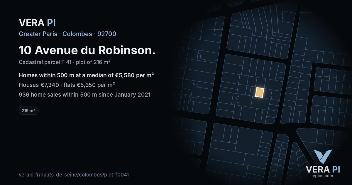 10 Avenue du Robinson, Colombes at night – the plot lit, the parcels around coloured by the prices near them