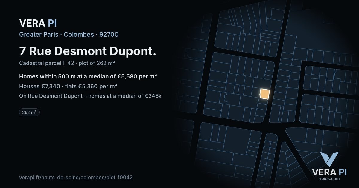 7 Rue Desmont Dupont, Colombes at night – the plot lit, the parcels around coloured by the prices near them