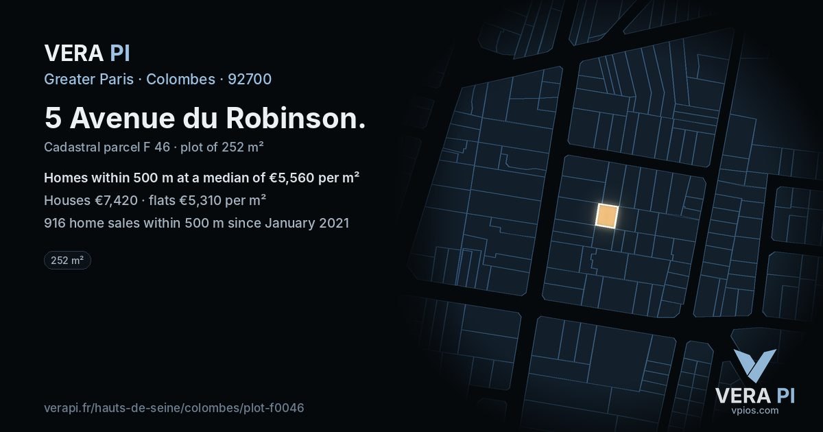 5 Avenue du Robinson, Colombes at night – the plot lit, the parcels around coloured by the prices near them