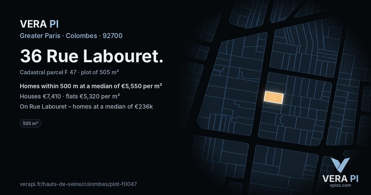 36 Rue Labouret, Colombes at night – the plot lit, the parcels around coloured by the prices near them