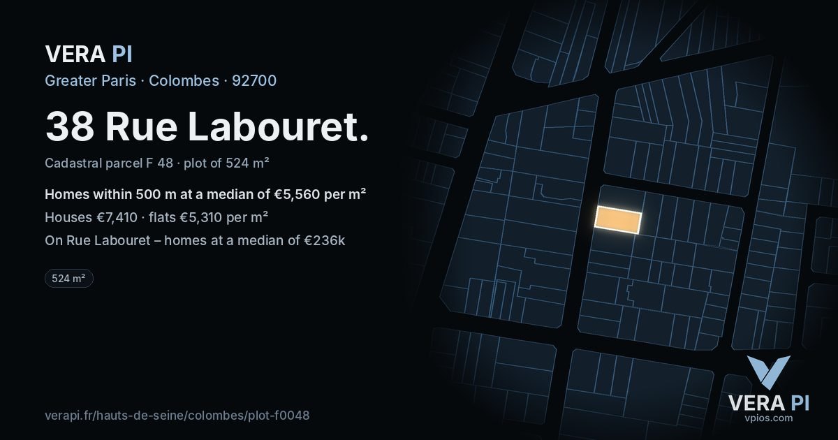 38 Rue Labouret, Colombes at night – the plot lit, the parcels around coloured by the prices near them