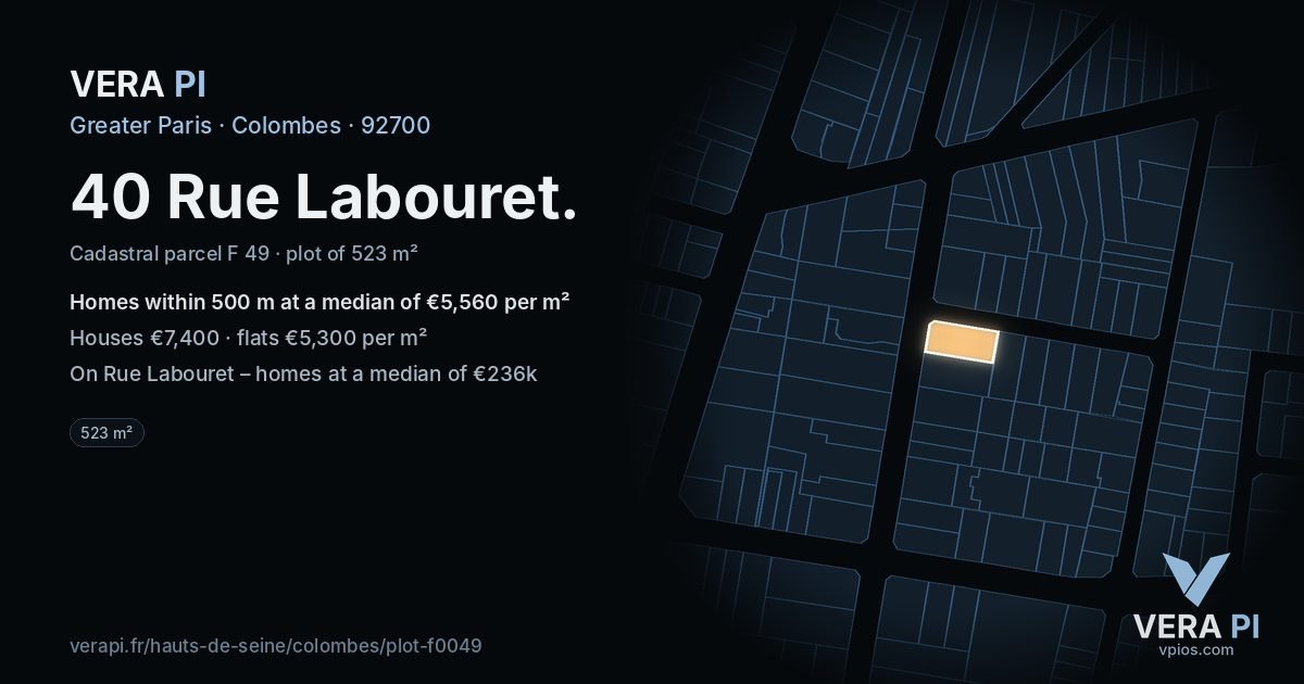 40 Rue Labouret, Colombes at night – the plot lit, the parcels around coloured by the prices near them