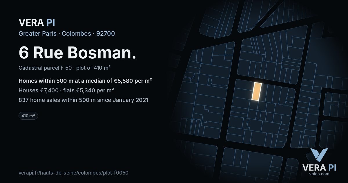 6 Rue Bosman, Colombes at night – the plot lit, the parcels around coloured by the prices near them