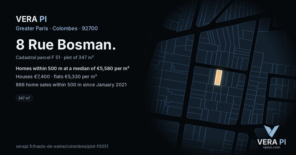 8 Rue Bosman, Colombes at night – the plot lit, the parcels around coloured by the prices near them