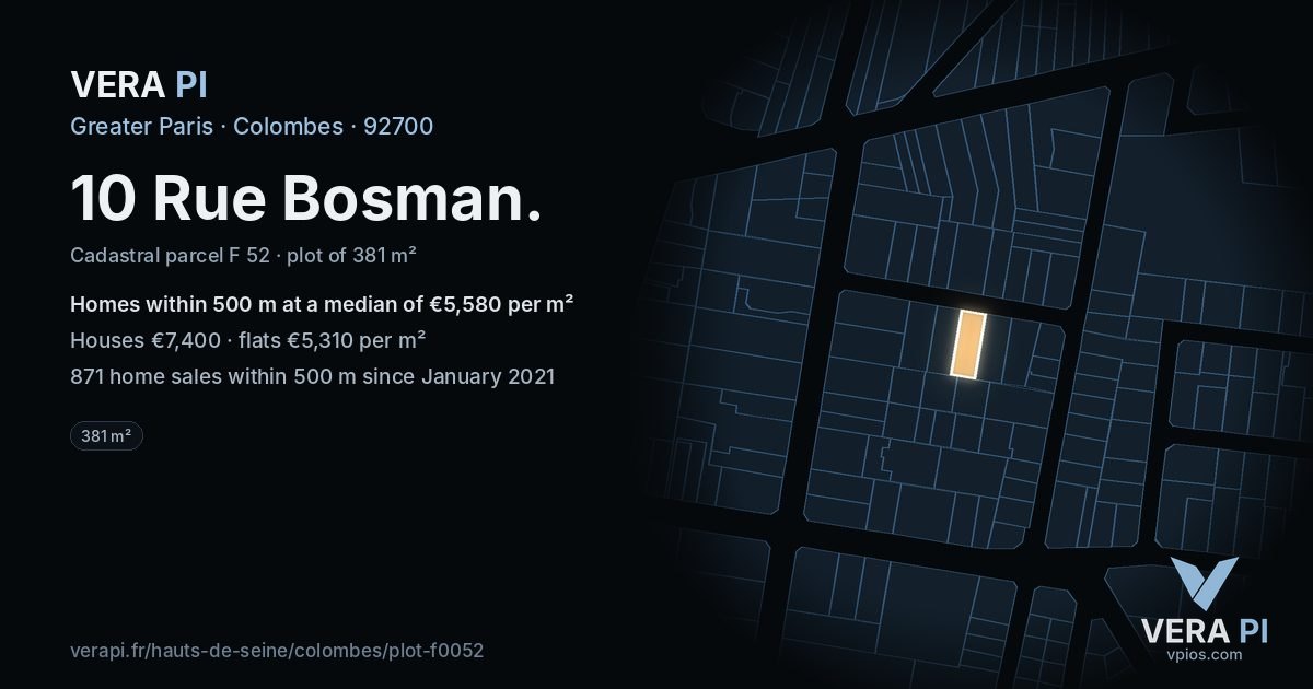 10 Rue Bosman, Colombes at night – the plot lit, the parcels around coloured by the prices near them