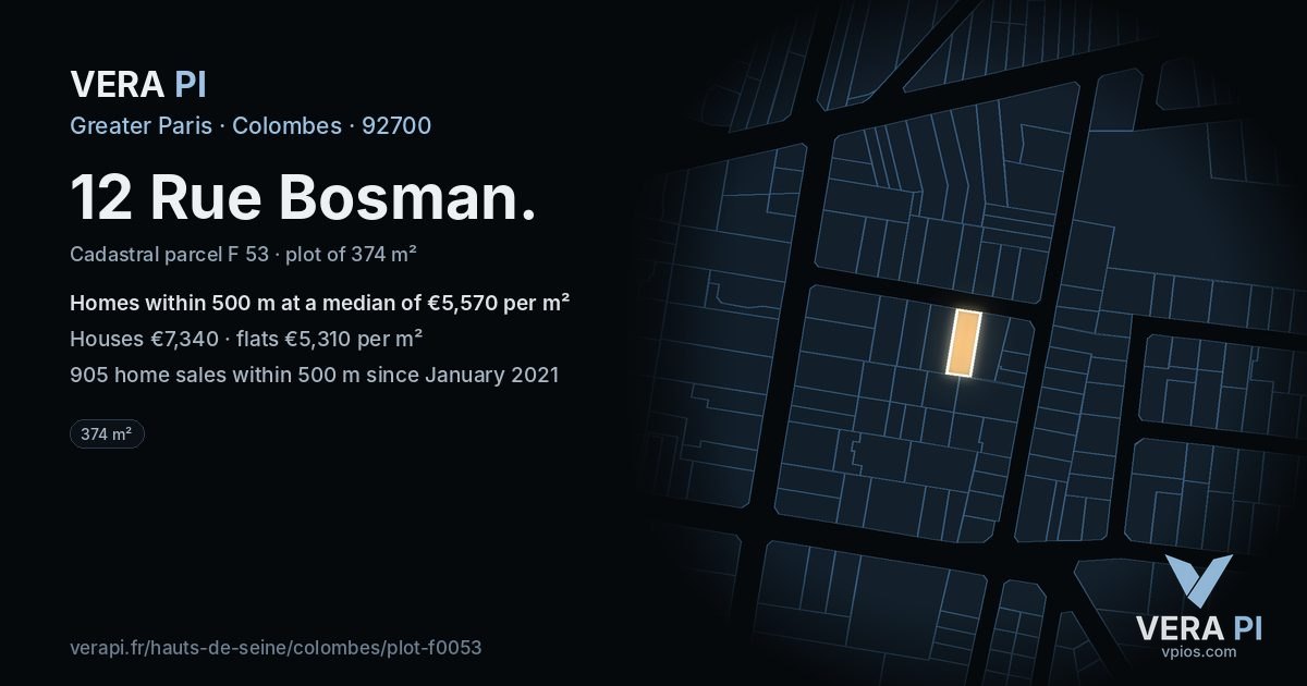 12 Rue Bosman, Colombes at night – the plot lit, the parcels around coloured by the prices near them