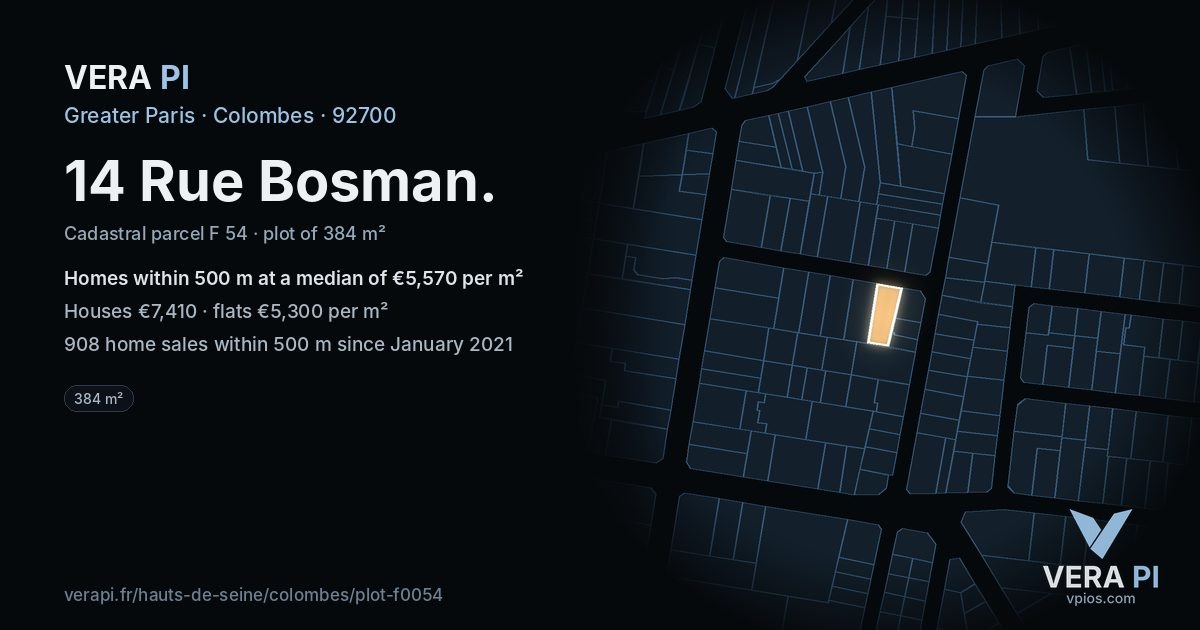 14 Rue Bosman, Colombes at night – the plot lit, the parcels around coloured by the prices near them
