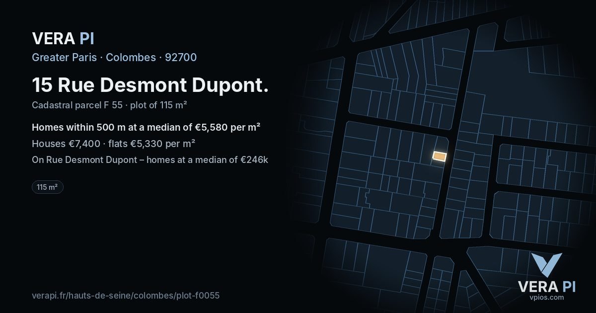 15 Rue Desmont Dupont, Colombes at night – the plot lit, the parcels around coloured by the prices near them