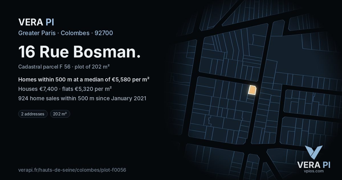 16 Rue Bosman, Colombes at night – the plot lit, the parcels around coloured by the prices near them
