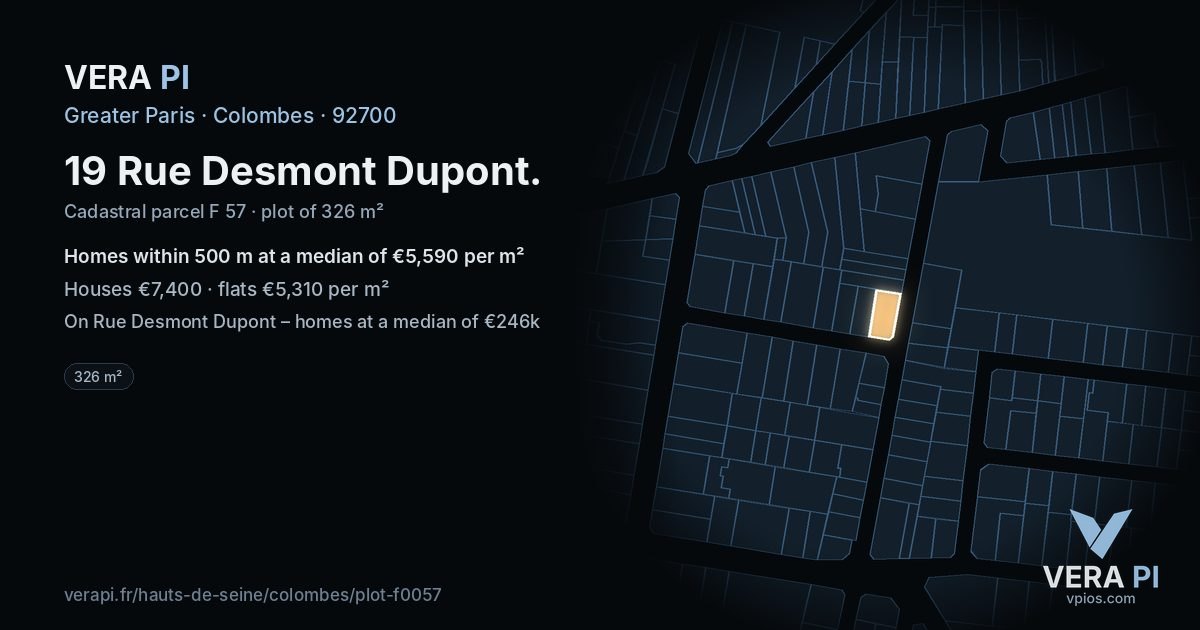 19 Rue Desmont Dupont, Colombes at night – the plot lit, the parcels around coloured by the prices near them