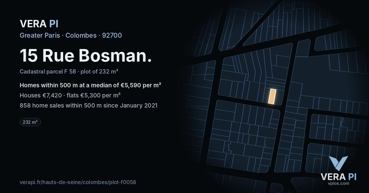 15 Rue Bosman, Colombes at night – the plot lit, the parcels around coloured by the prices near them
