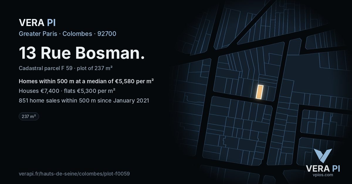 13 Rue Bosman, Colombes at night – the plot lit, the parcels around coloured by the prices near them
