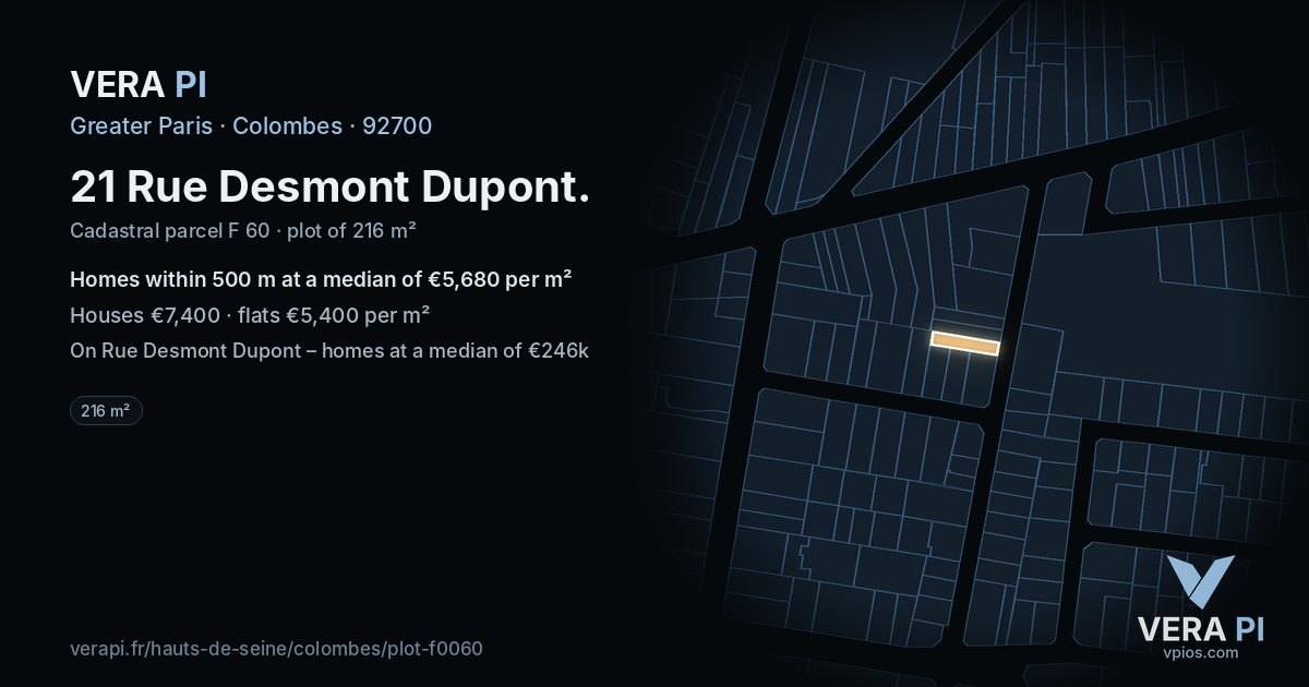 21 Rue Desmont Dupont, Colombes at night – the plot lit, the parcels around coloured by the prices near them