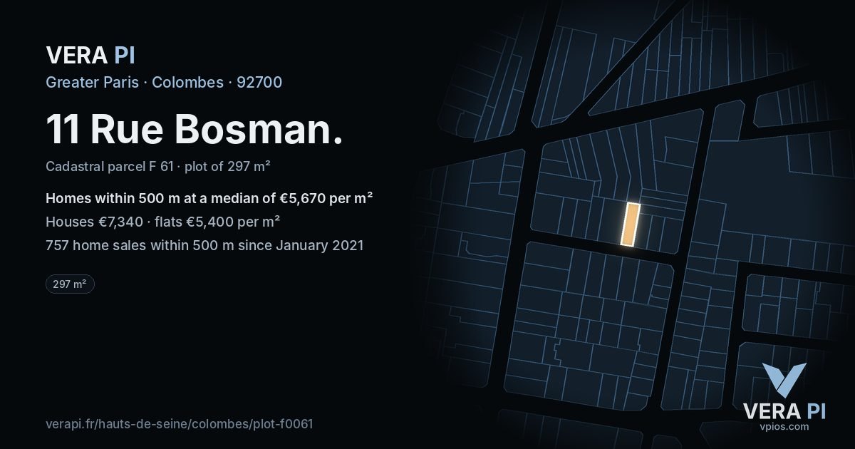 11 Rue Bosman, Colombes at night – the plot lit, the parcels around coloured by the prices near them