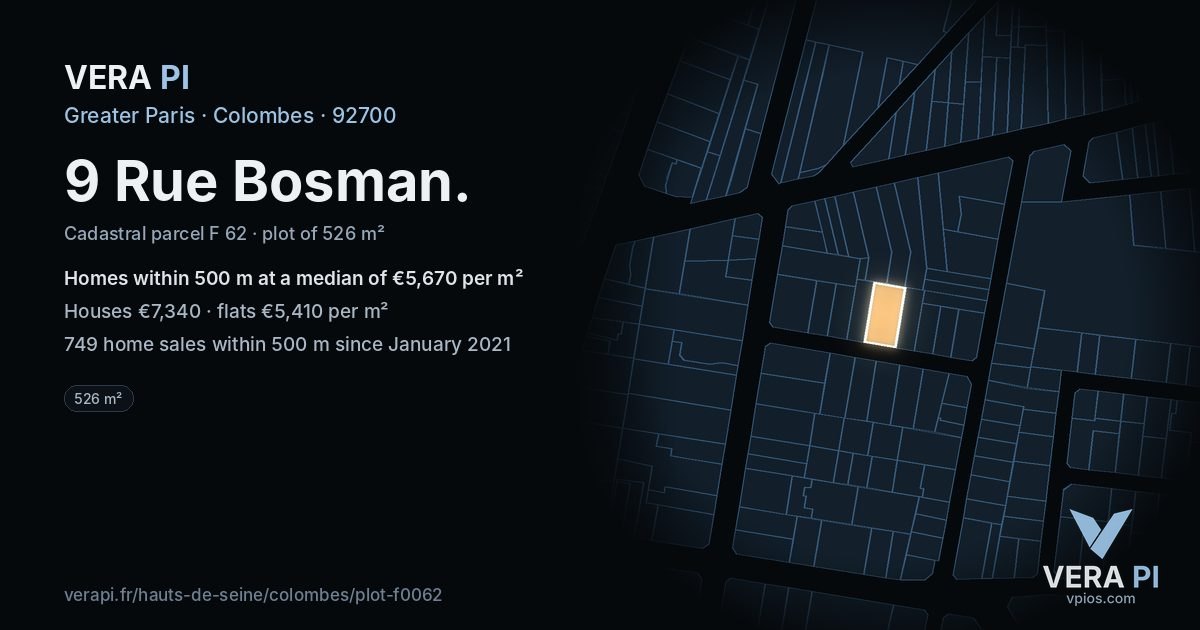 9 Rue Bosman, Colombes at night – the plot lit, the parcels around coloured by the prices near them