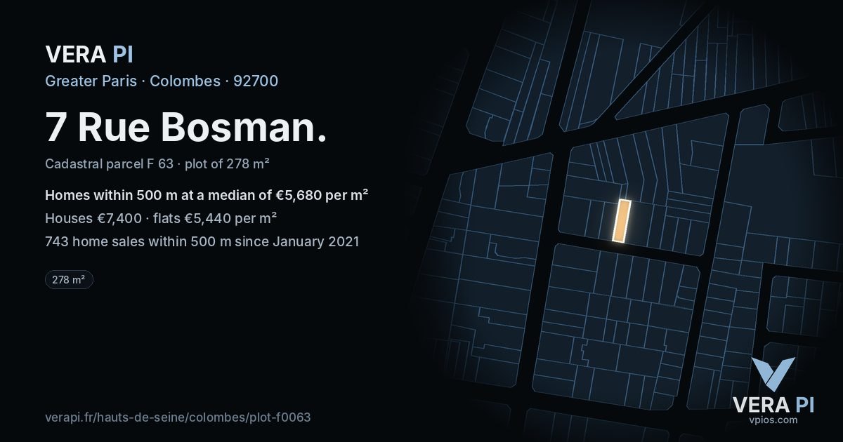 7 Rue Bosman, Colombes at night – the plot lit, the parcels around coloured by the prices near them