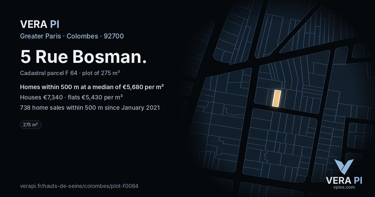 5 Rue Bosman, Colombes at night – the plot lit, the parcels around coloured by the prices near them