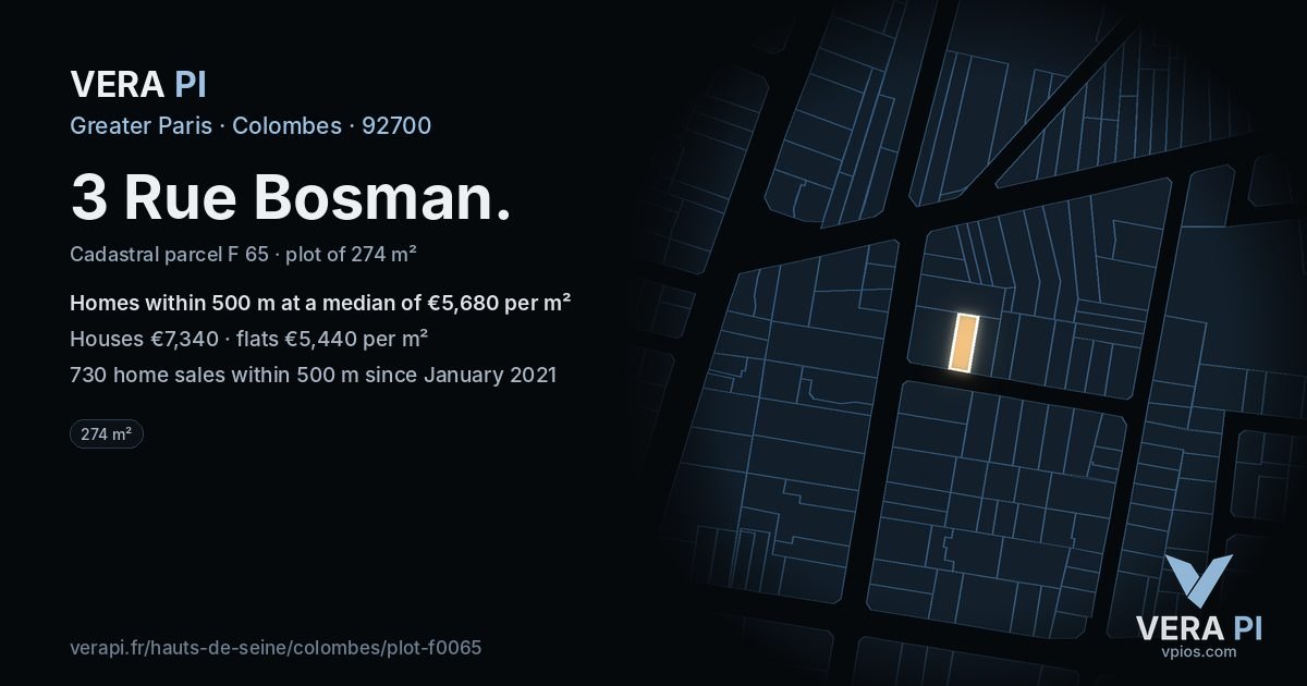 3 Rue Bosman, Colombes at night – the plot lit, the parcels around coloured by the prices near them