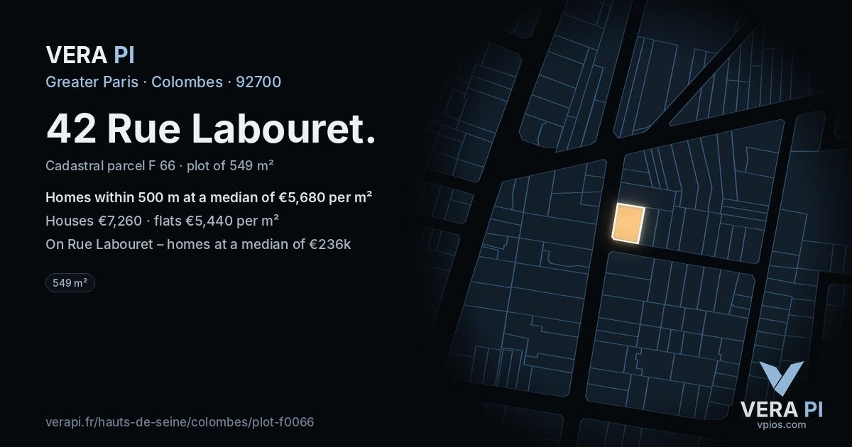 42 Rue Labouret, Colombes at night – the plot lit, the parcels around coloured by the prices near them