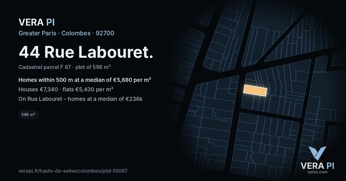 44 Rue Labouret, Colombes at night – the plot lit, the parcels around coloured by the prices near them
