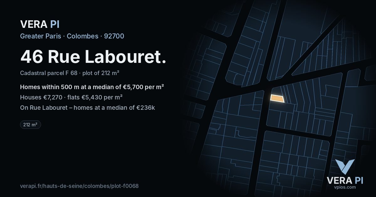 46 Rue Labouret, Colombes at night – the plot lit, the parcels around coloured by the prices near them