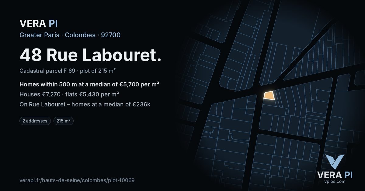 48 Rue Labouret, Colombes at night – the plot lit, the parcels around coloured by the prices near them