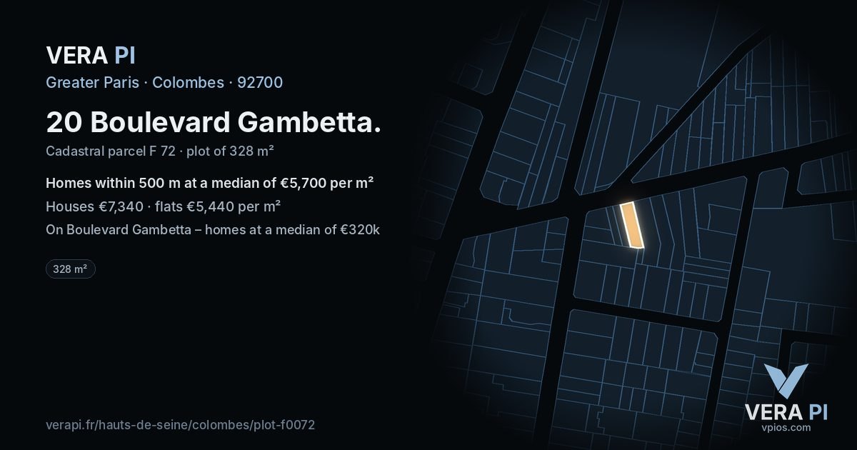 20 Boulevard Gambetta, Colombes at night – the plot lit, the parcels around coloured by the prices near them
