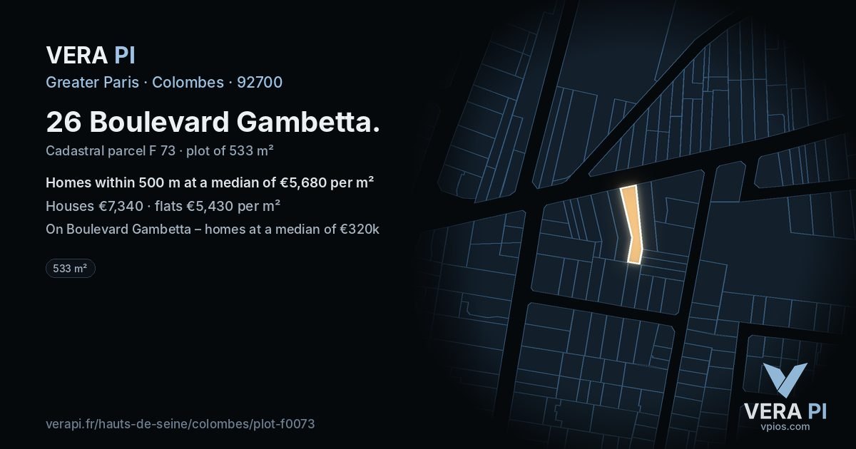 26 Boulevard Gambetta, Colombes at night – the plot lit, the parcels around coloured by the prices near them