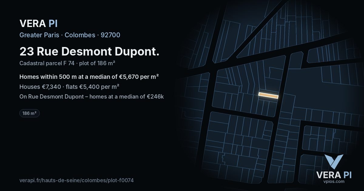 23 Rue Desmont Dupont, Colombes at night – the plot lit, the parcels around coloured by the prices near them