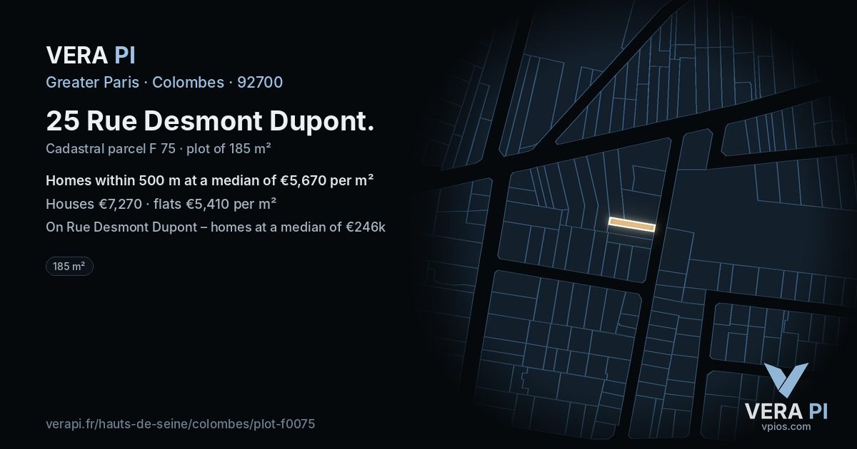 25 Rue Desmont Dupont, Colombes at night – the plot lit, the parcels around coloured by the prices near them