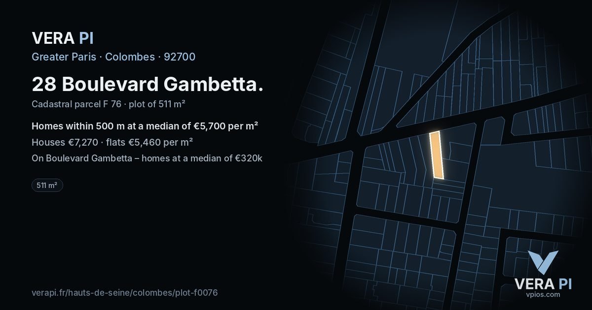 28 Boulevard Gambetta, Colombes at night – the plot lit, the parcels around coloured by the prices near them