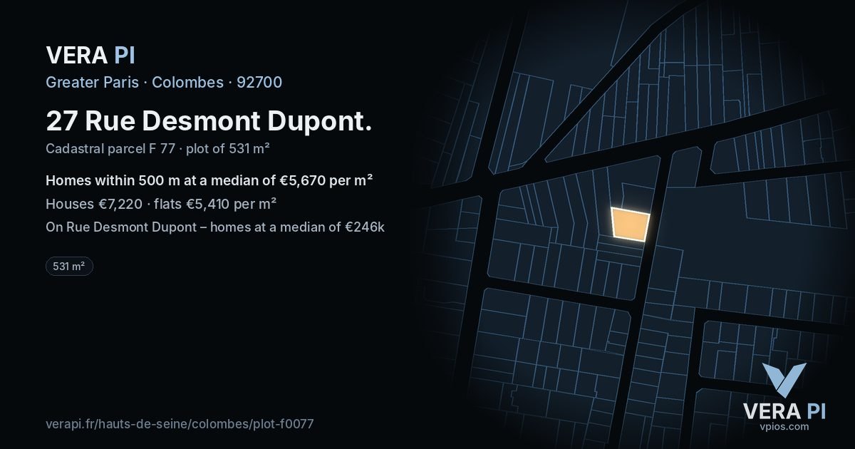27 Rue Desmont Dupont, Colombes at night – the plot lit, the parcels around coloured by the prices near them