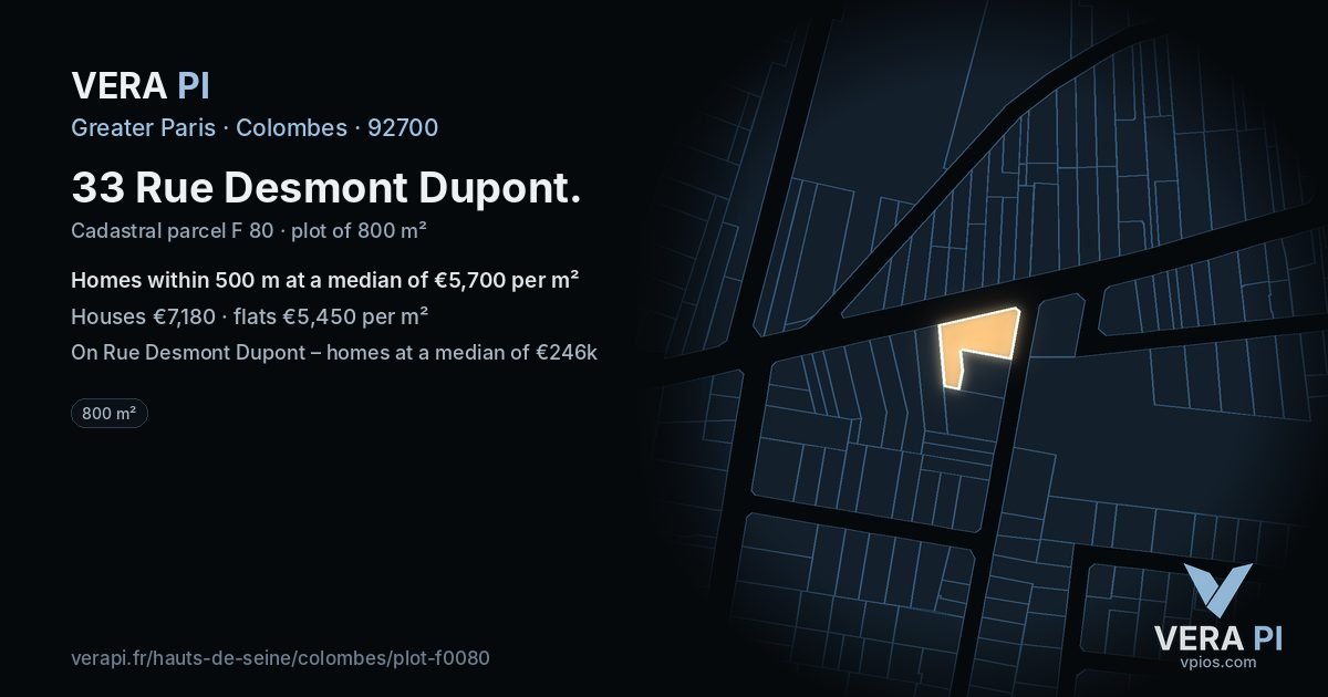 33 Rue Desmont Dupont, Colombes at night – the plot lit, the parcels around coloured by the prices near them