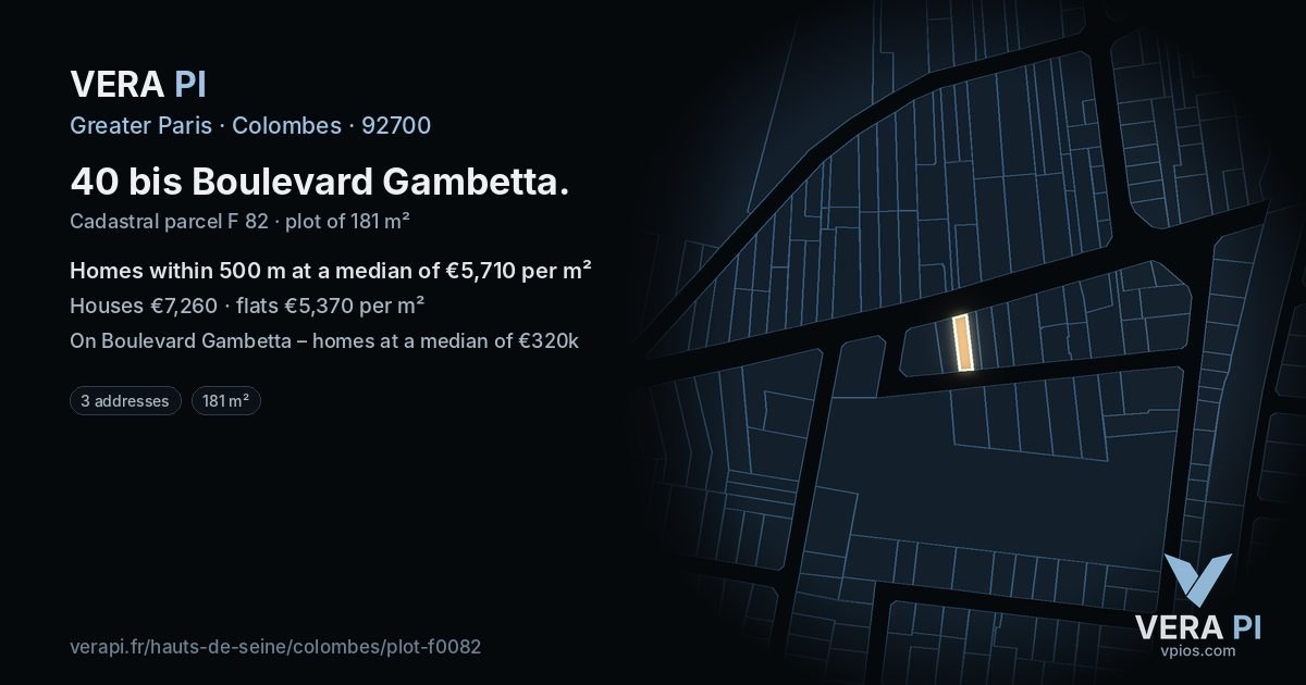40 bis Boulevard Gambetta, Colombes at night – the plot lit, the parcels around coloured by the prices near them