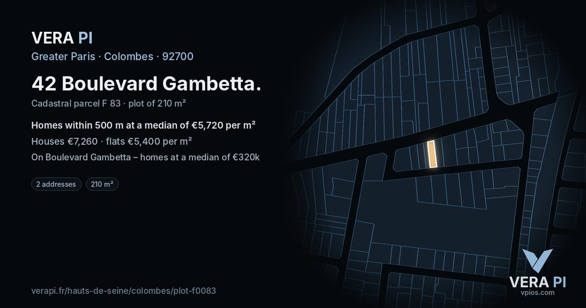 42 Boulevard Gambetta, Colombes at night – the plot lit, the parcels around coloured by the prices near them