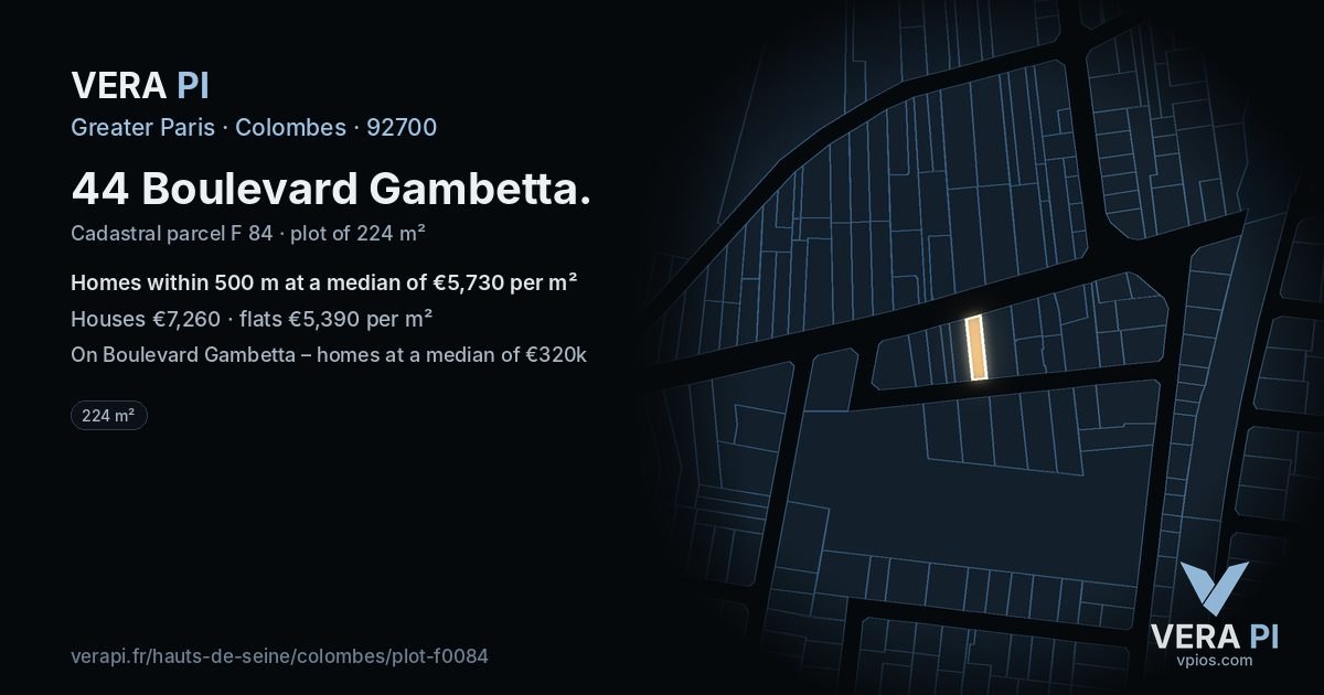 44 Boulevard Gambetta, Colombes at night – the plot lit, the parcels around coloured by the prices near them
