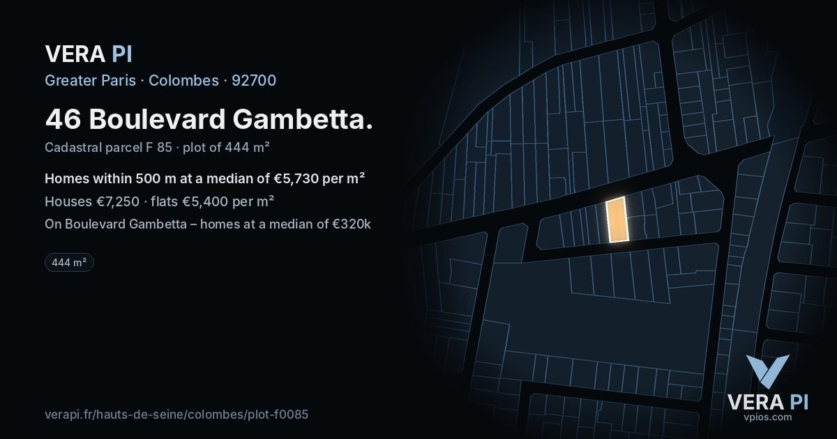 46 Boulevard Gambetta, Colombes at night – the plot lit, the parcels around coloured by the prices near them