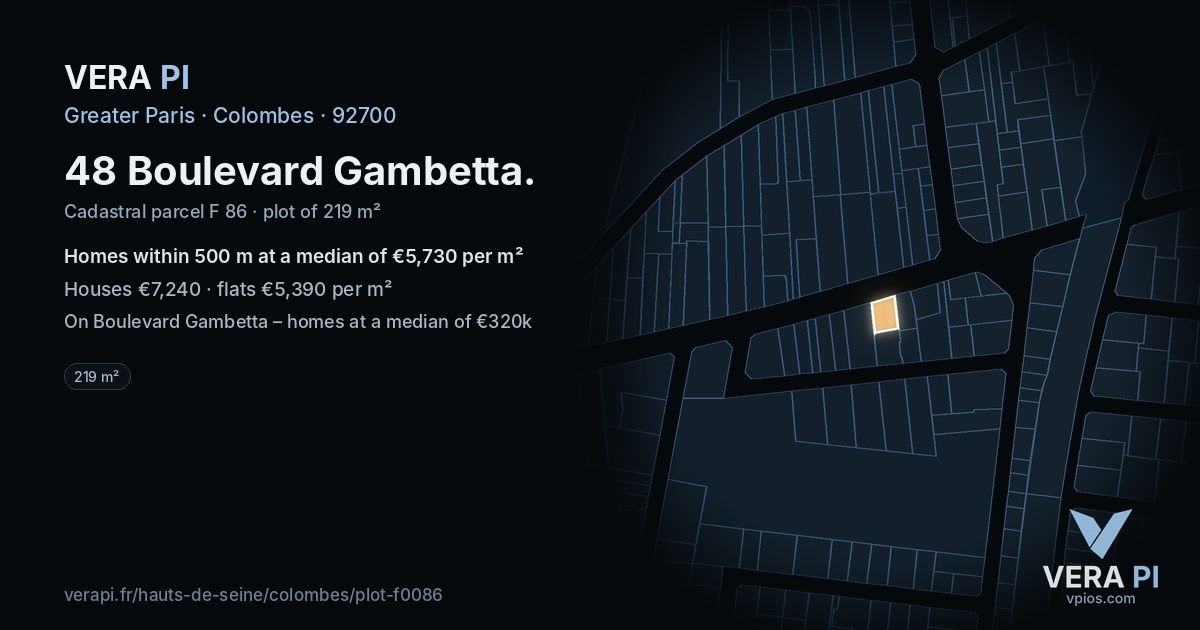 48 Boulevard Gambetta, Colombes at night – the plot lit, the parcels around coloured by the prices near them