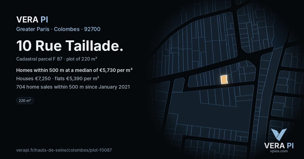 10 Rue Taillade, Colombes at night – the plot lit, the parcels around coloured by the prices near them