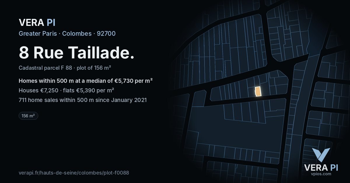 8 Rue Taillade, Colombes at night – the plot lit, the parcels around coloured by the prices near them