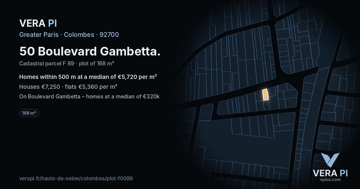 50 Boulevard Gambetta, Colombes at night – the plot lit, the parcels around coloured by the prices near them