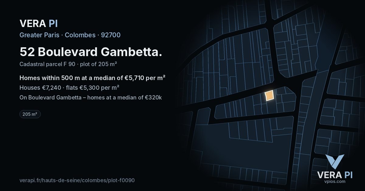 52 Boulevard Gambetta, Colombes at night – the plot lit, the parcels around coloured by the prices near them