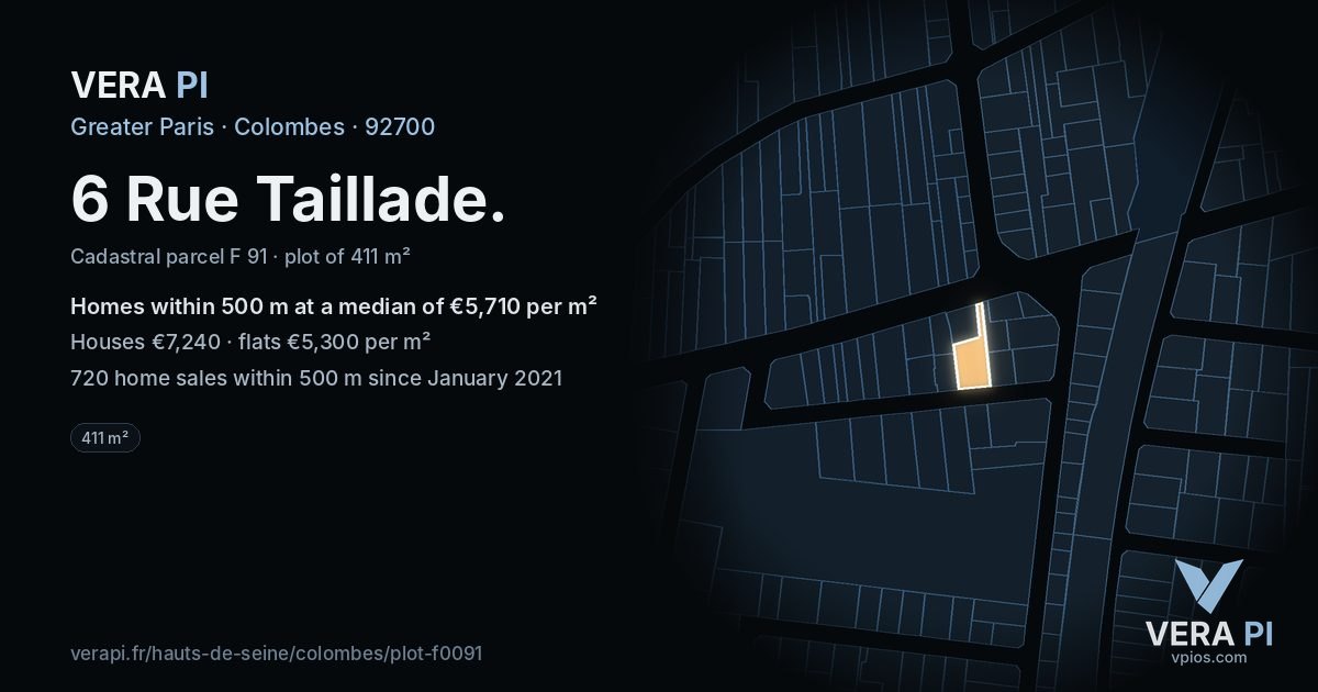 6 Rue Taillade, Colombes at night – the plot lit, the parcels around coloured by the prices near them