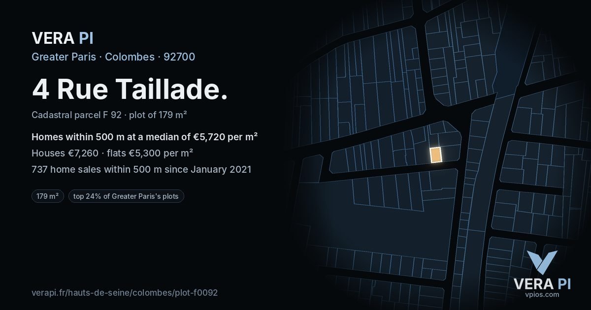 4 Rue Taillade, Colombes at night – the plot lit, the parcels around coloured by the prices near them