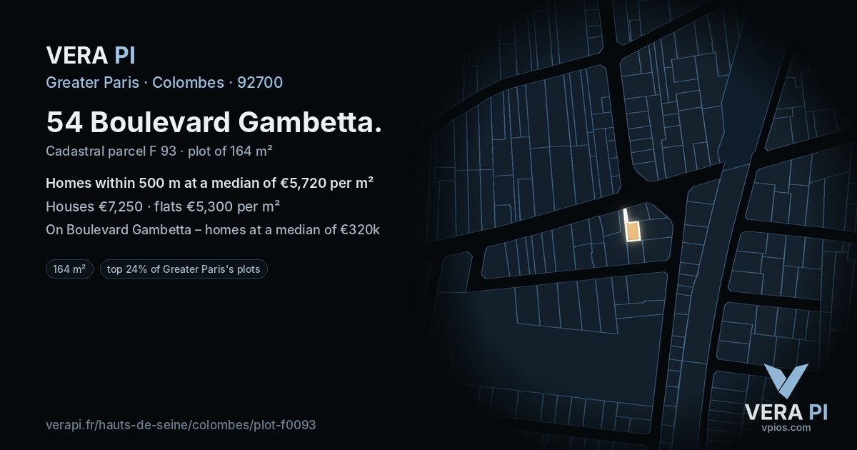 54 Boulevard Gambetta, Colombes at night – the plot lit, the parcels around coloured by the prices near them